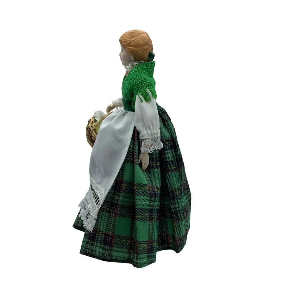 Vtg 1990 AVON Irish‎ Porcelain Doll Green Plaid Dress & Basket 8